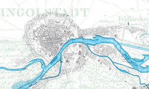 Ein Orthofoto der Stadt Ingolstadt mit der Donau besonders hervorgehoben.