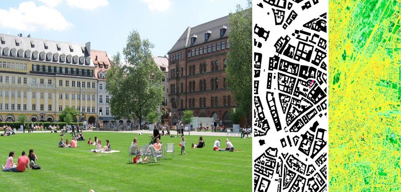 Das Schaubild des TP4 (100Places:M). Das Bild zeigt einen öffentlichen Platz in München; viele Menschen sitzen auf eienr Wiese umringt von Bäumen und Gebäuden. Neben dem Bild ist ein Orthofoto eines öffentlichen Platzes und ein Thermalbild eines Stadtbereichs abgebildet.